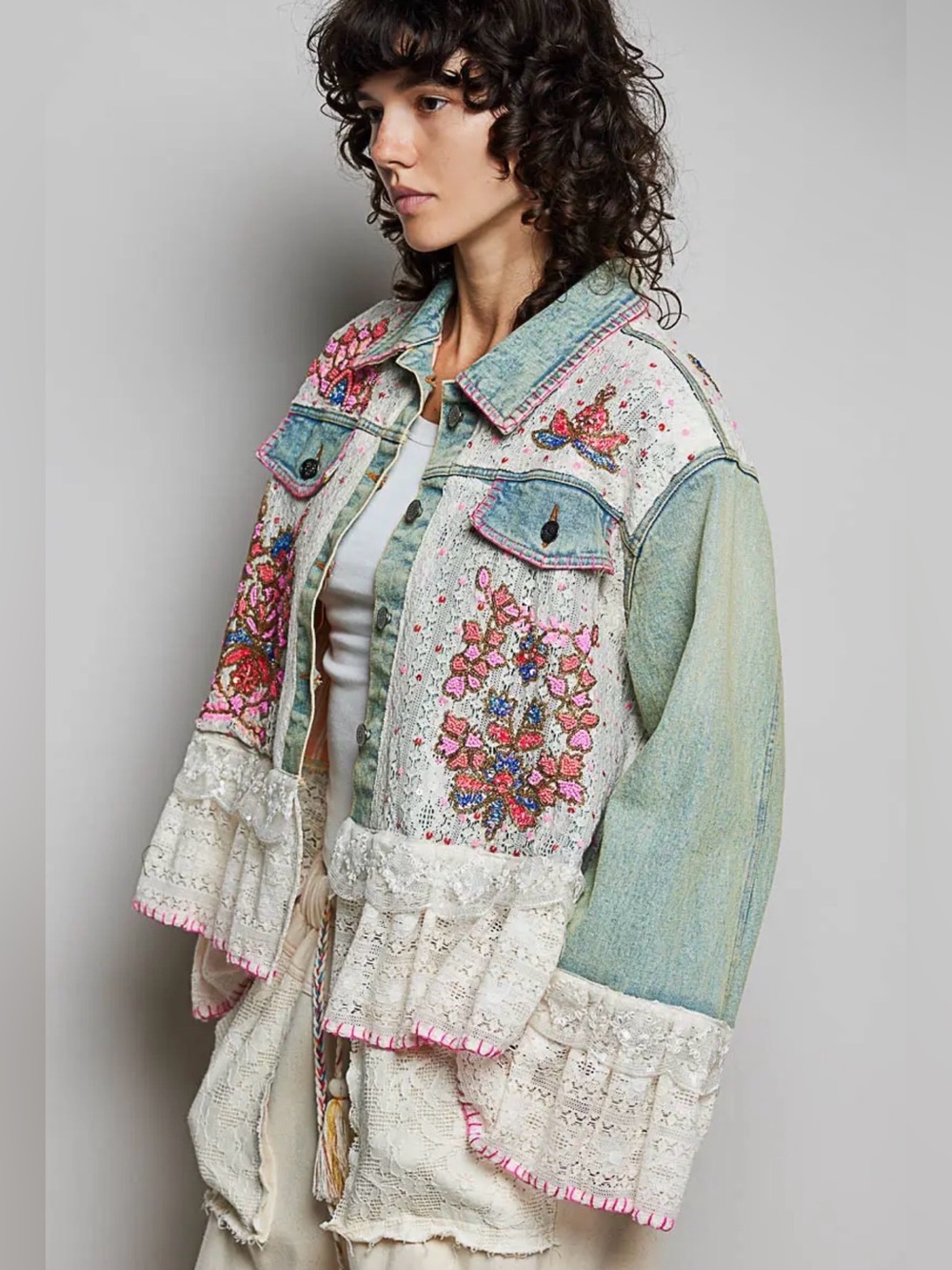 POL Embellished Beaded & Lace Denim Jacket - Picture 2 of 5